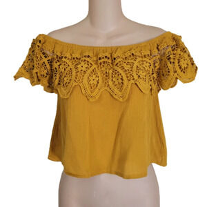 Iris Mustard Yellow Off The Shoulder Crochet Lace Top Size Women's Small